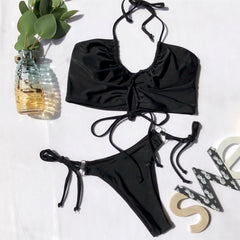 Black Two Piece Strings Halter Swimwear Areous