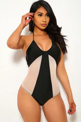 Black Two Tone Mesh Halter Padded One Piece Swimsuit Areous