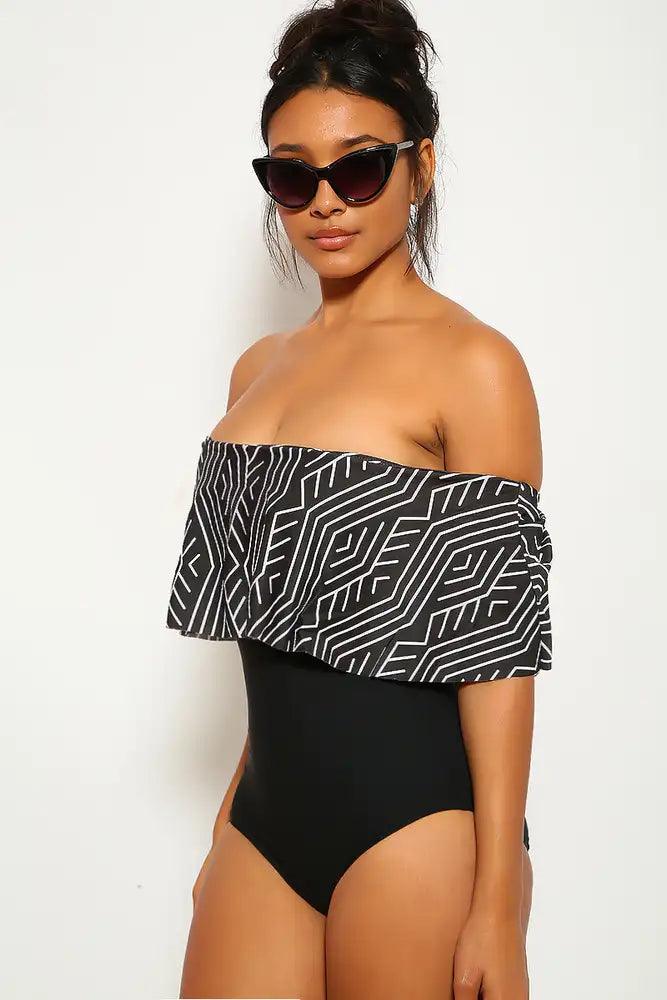 Black Two Tone Ruffled Hem Bandeau One Piece Swimsuit Areous