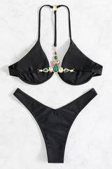 Black U Underwire Rhinestones Back Two Piece Swimsuit Areous