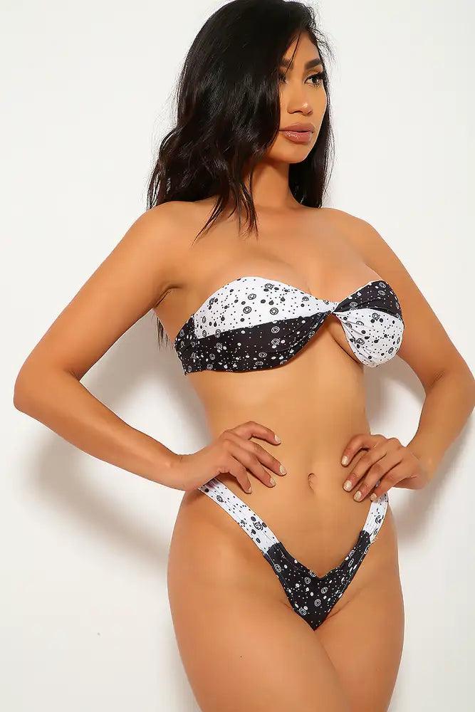 Black White Fun Printed Bandeau Two Piece Swimsuit Areous