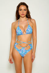 Blue Floral Print Strappy O-Ring Accent Two Piece Swimsuit Areous