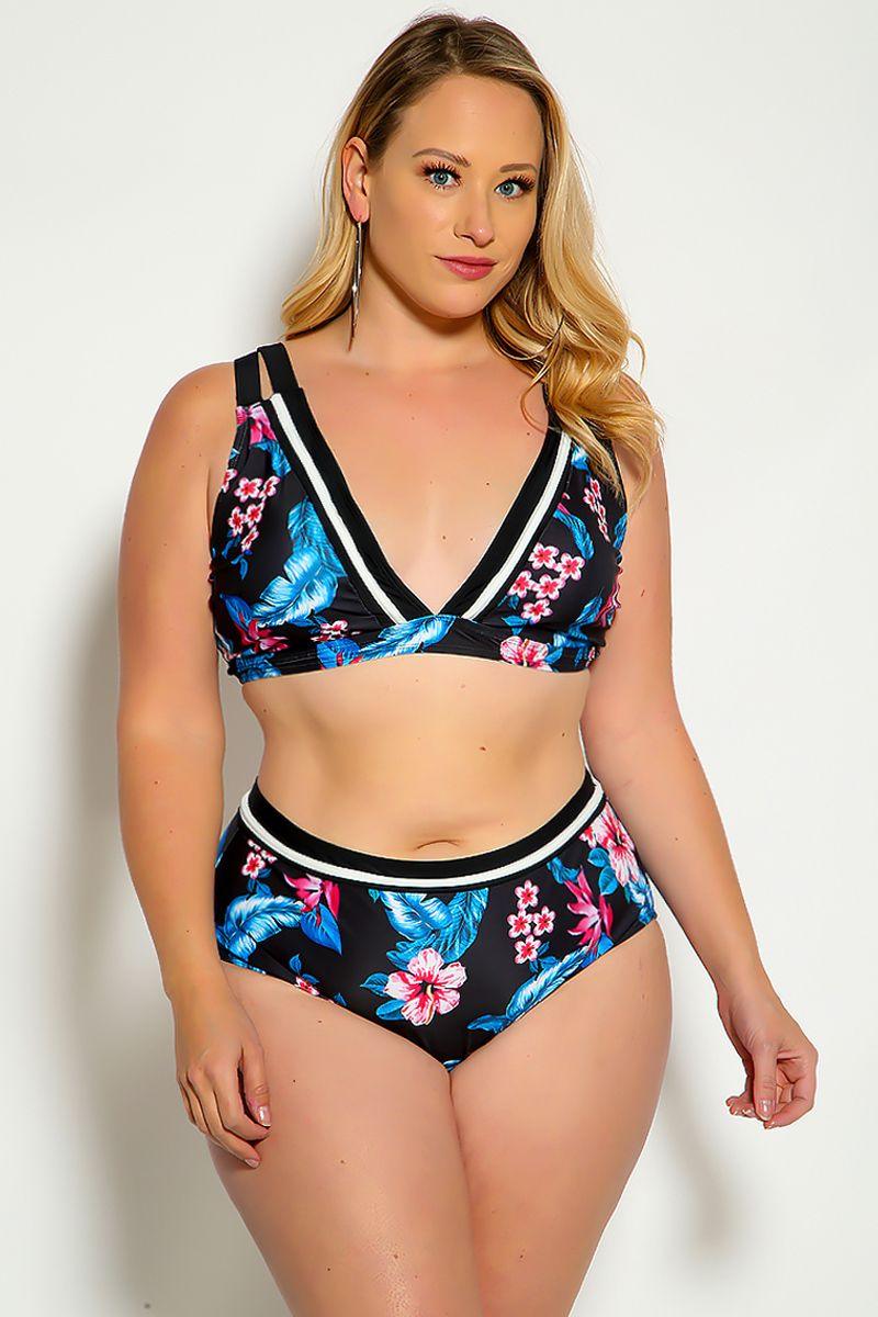 Blue Floral Printed Two Piece Plus Size Swimsuit Areous