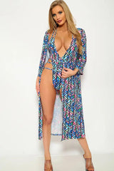 Blue Fuchsia Geometric Print 2 Piece Swimsuit Set Areous