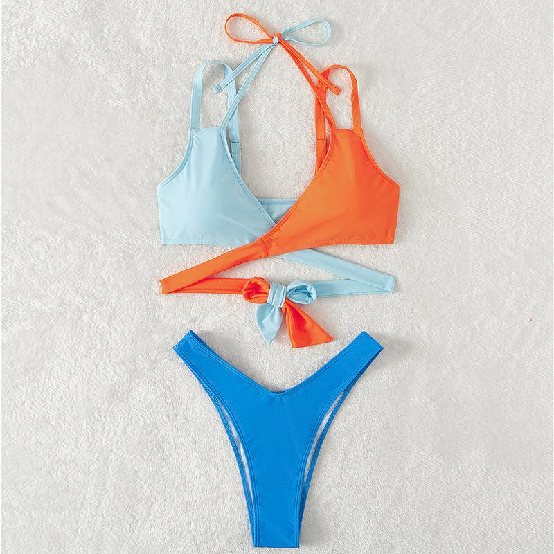 Blue Orange Criss Cross Center Strappy 2pc Swimsuit Areous