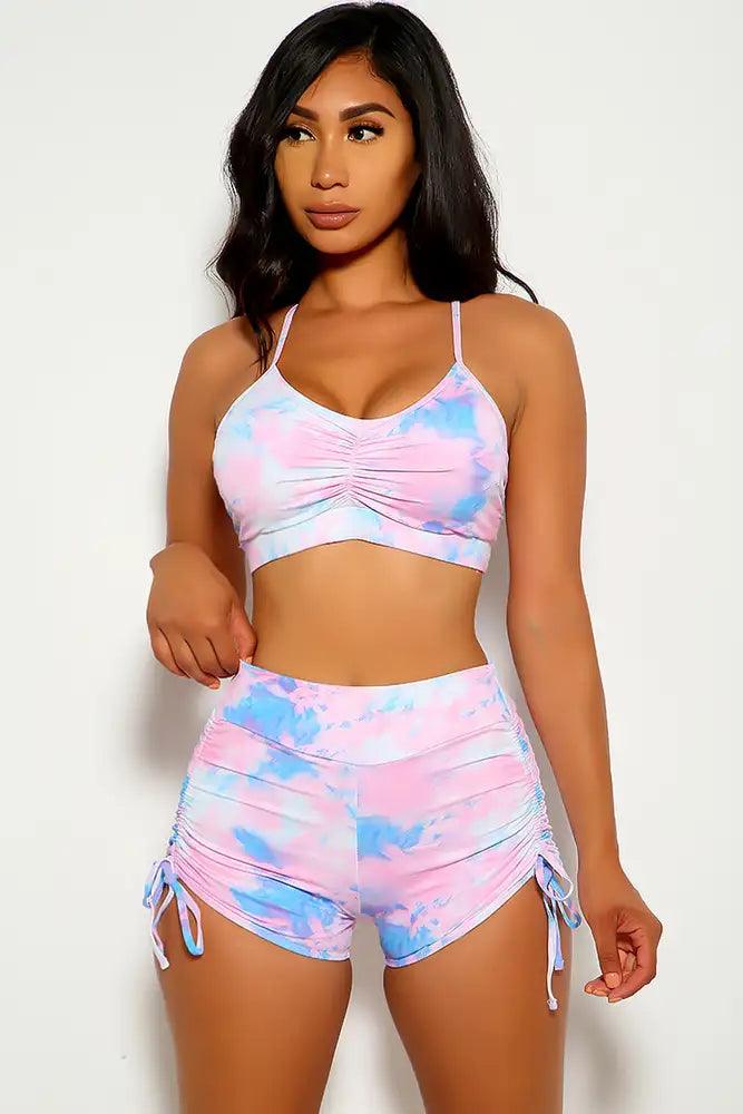 Blue Pink Ruched Tie Dye Print Two Piece Swimsuit Areous