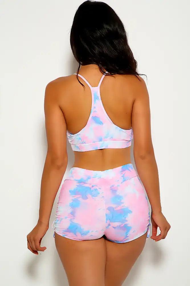 Blue Pink Ruched Tie Dye Print Two Piece Swimsuit Areous