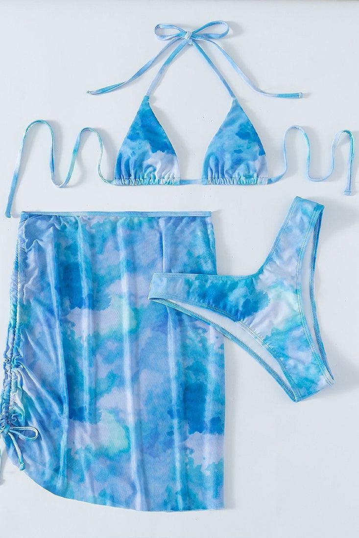 Blue Printed Halter Three Piece Swimsuit Areous