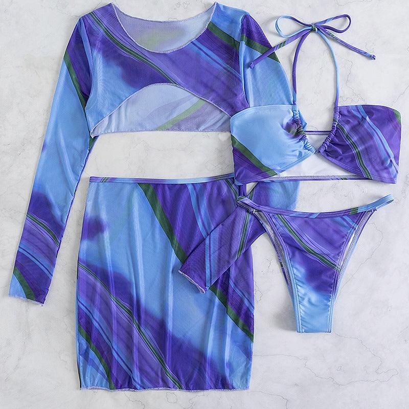 Blue Printed Strappy 4 Piece Swimsuit Set Areous