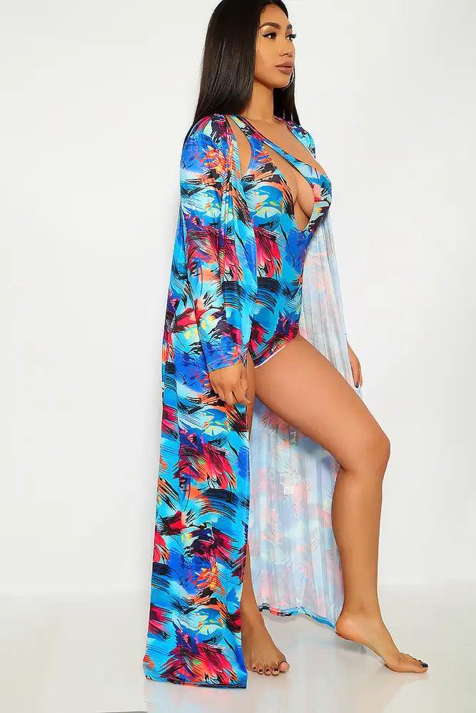 Blue Purple Graphic Swimsuit Kimono Coverup Matching Set Areous