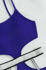 Blue Silver Shimmery Cut Out One Piece Swimsuit Areous