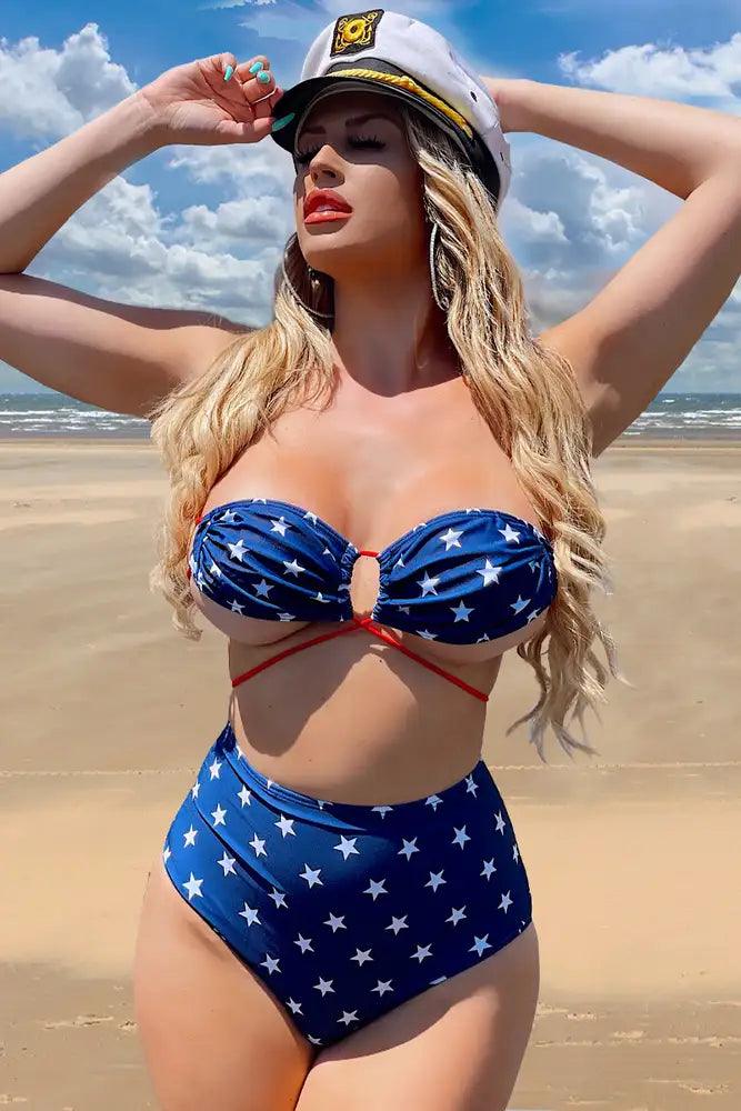 Blue Star Print Red Strappy High Waist Two Piece Swimsuit Areous