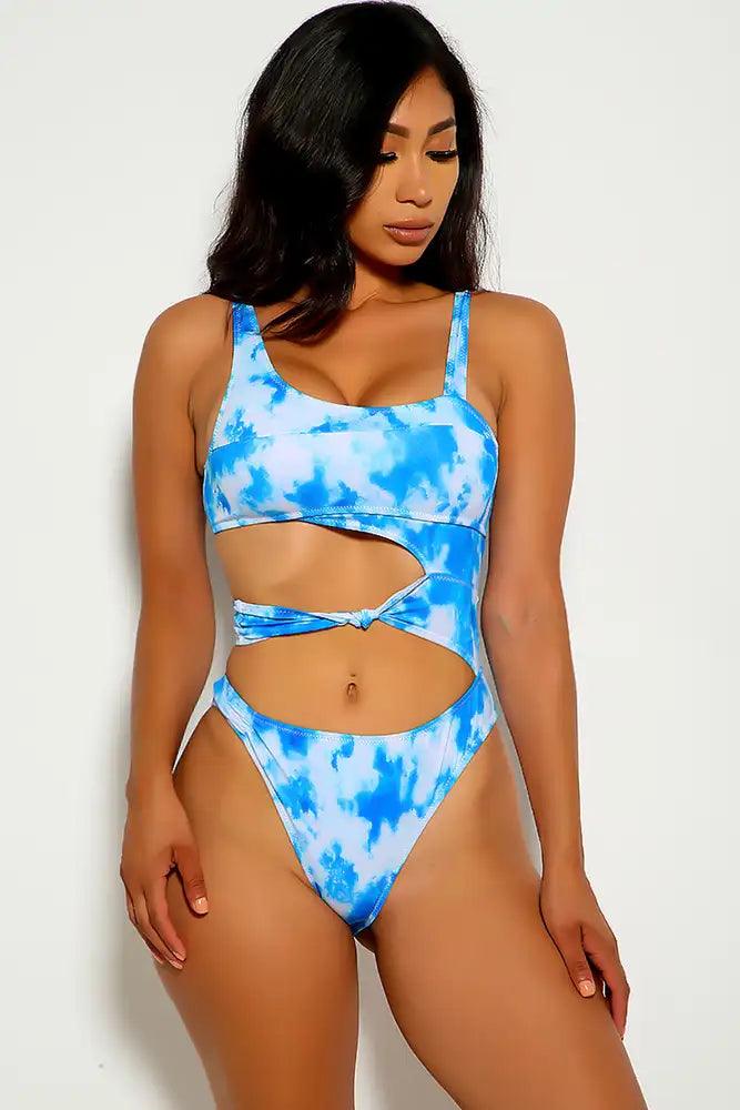 Blue White Cut Out Tie Dye Two Piece Swimsuit Areous