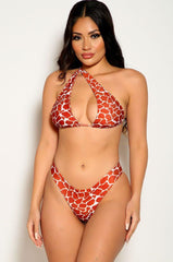 Brick White Giraffe Print One Shoulder Two Piece Swimsuit Areous