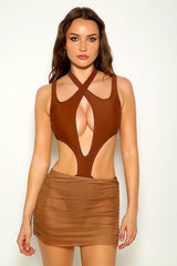 Brown Cut Out Halter Two Piece Swimsuit Areous