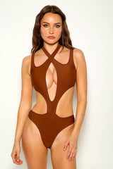 Brown Cut Out Halter Two Piece Swimsuit Areous