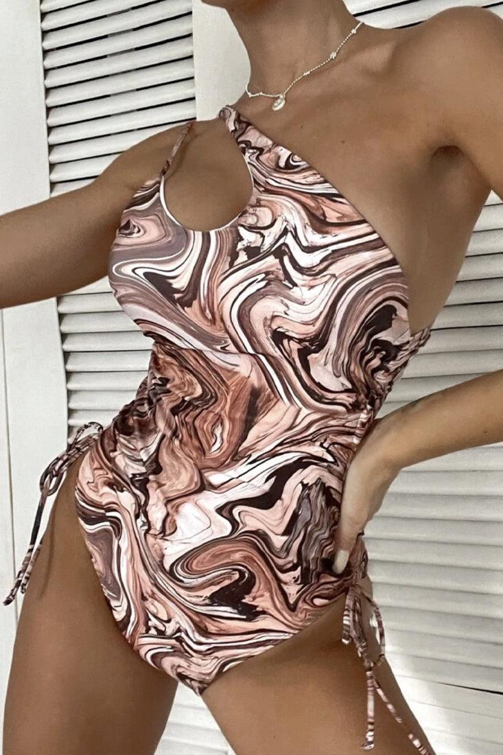 Brown Printed One Shoulder One Piece Swimsuit Areous