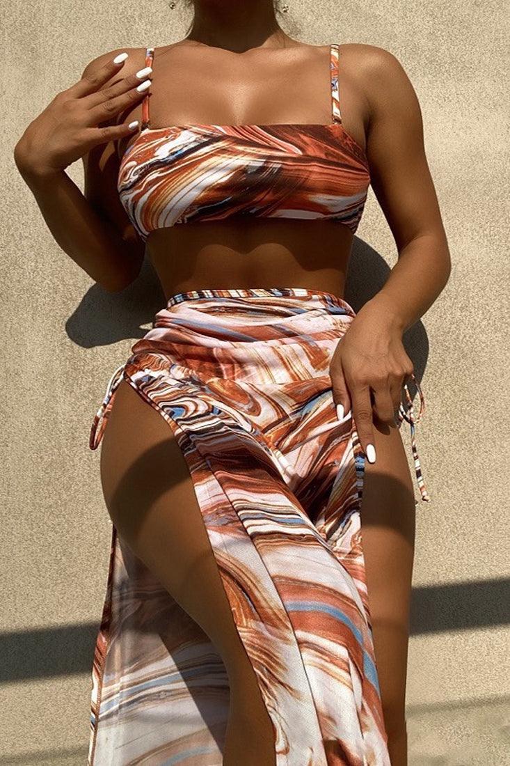 Brown White Printed Three Piece Swimsuit Areous