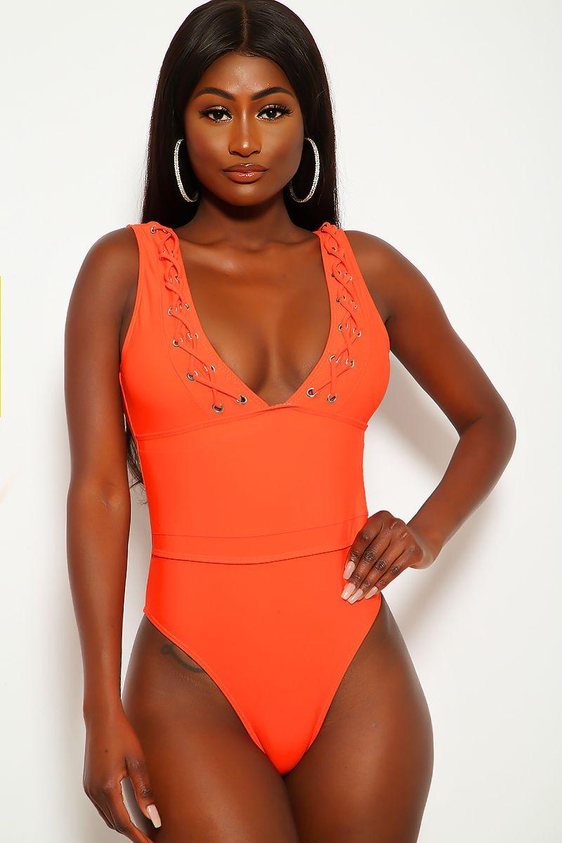 Burnt Orange Caged Plunging One Piece Swimsuit Areous