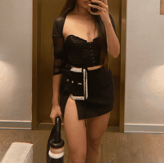 Diamond buckle decoration slit sexy skirt