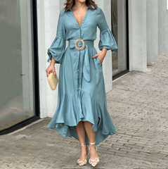 Green Casual Full Sleeve V Neck Lapel Long Dress