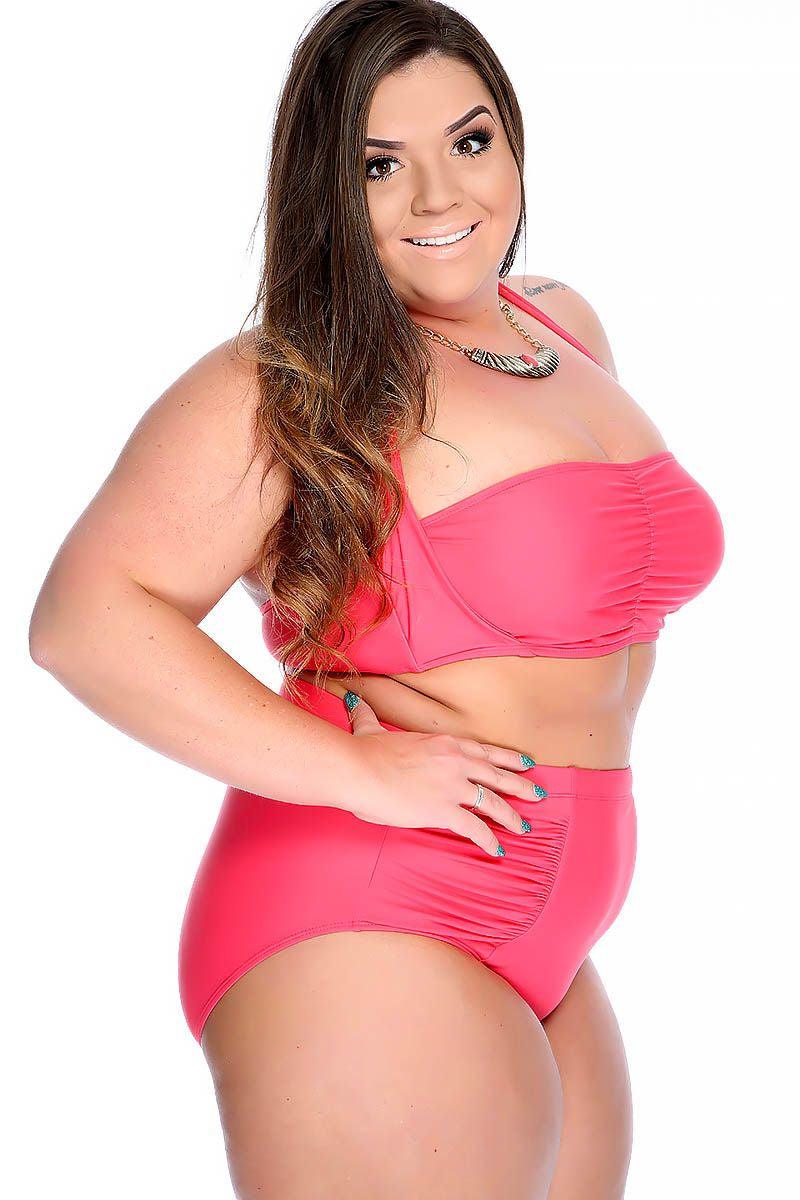 Coral Bold Halter Top Ruched High Waist Two Piece Swimsuit Plus Areous