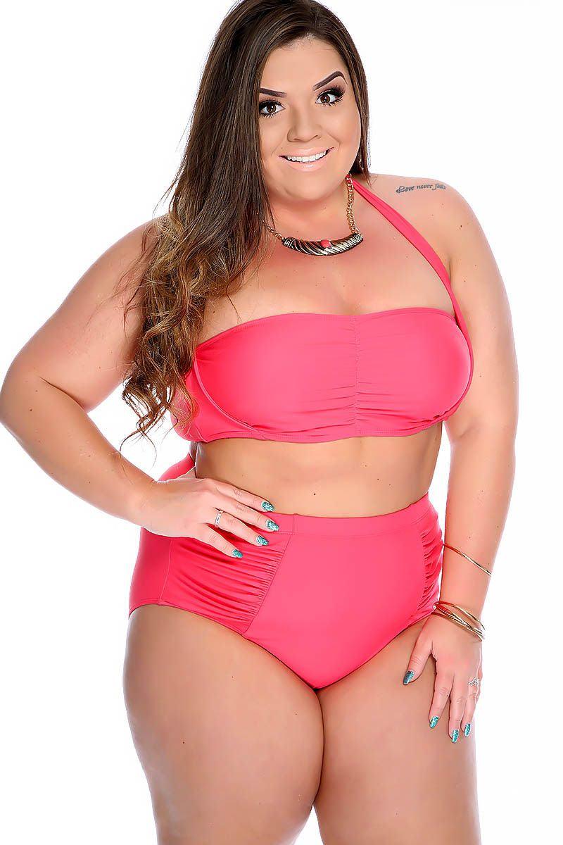 Coral Bold Halter Top Ruched High Waist Two Piece Swimsuit Plus Areous