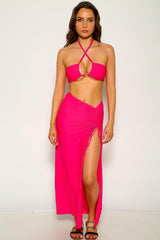 Fuchsia Halter Criss Cross Three Piece Swimsuit Areous