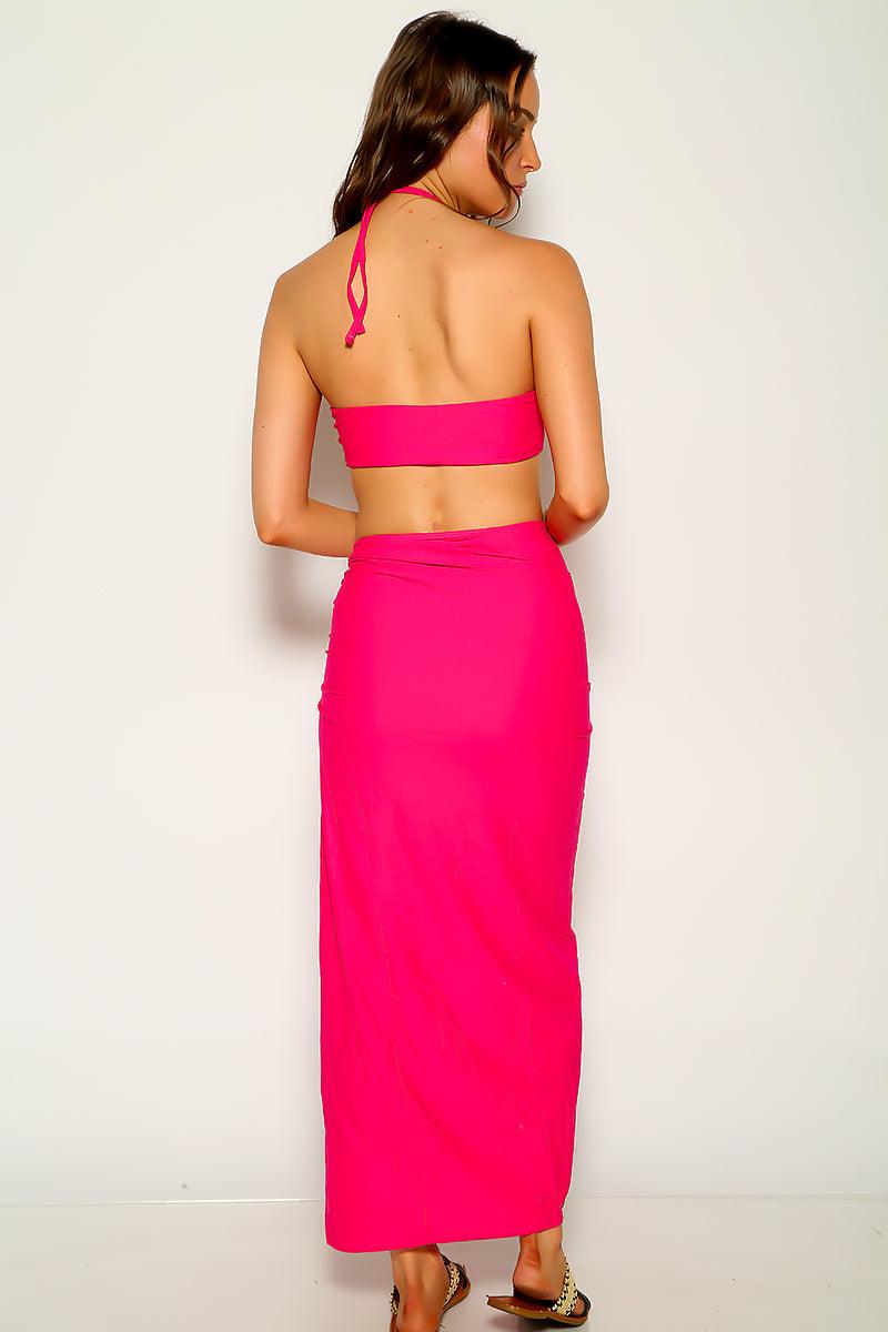 Fuchsia Halter Criss Cross Three Piece Swimsuit Areous