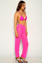 Fuchsia Mesh Halter Three Piece Swimsuit Areous