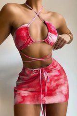 Fuchsia Printed Strappy Three Piece Swimsuit Areous