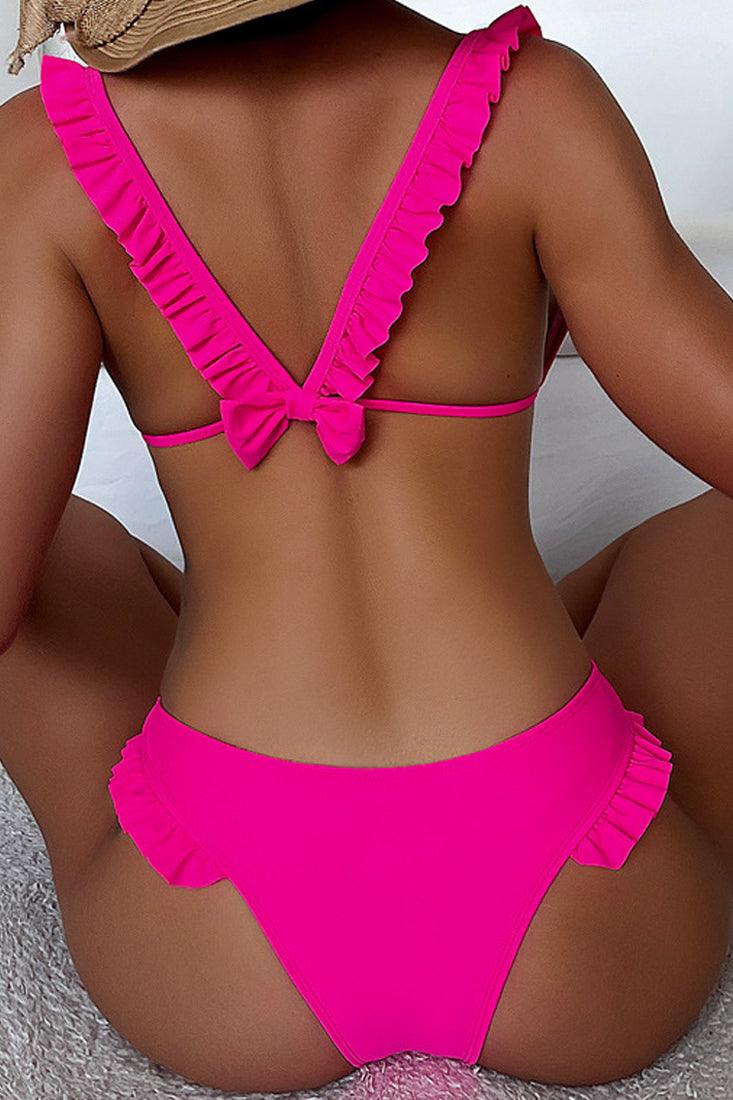 Fuchsia V-Cut Ruffled Two Piece Swimsuit Areous