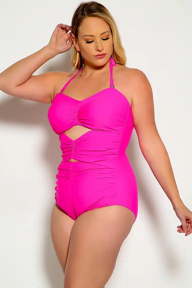 Fuschia Cut Out Halter One Piece Swimsuit Areous