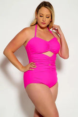 Fuschia Cut Out Halter One Piece Swimsuit Areous