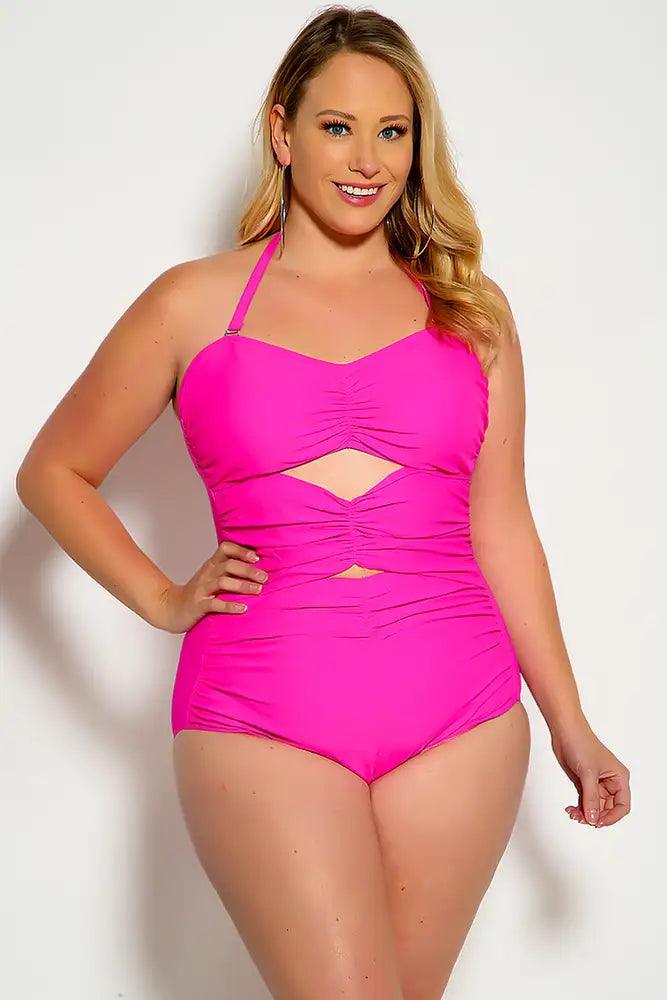 Fuschia Cut Out Halter One Piece Swimsuit Areous