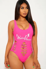 Fuschia Graphic Printed Design Razor Cut One Piece Swim Suit Areous