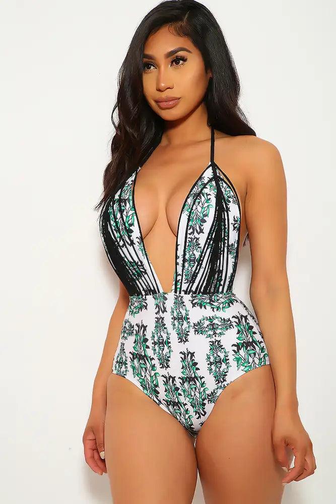 Green Black Floral Print Plunging Neckline One Piece Swimsuit Areous