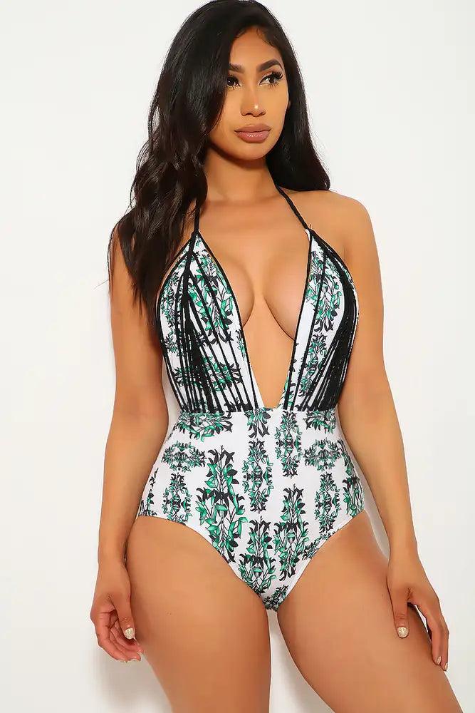 Green Black Floral Print Plunging Neckline One Piece Swimsuit Areous