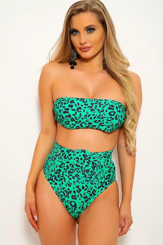 Green Leopard Print Strapless Two Piece Swimsuit Areous