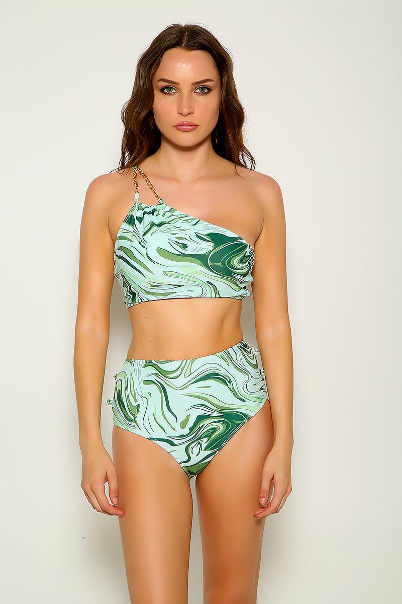 Green Printed One Shoulder Two Piece Swimsuit Areous