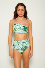 Green Printed One Shoulder Two Piece Swimsuit Areous