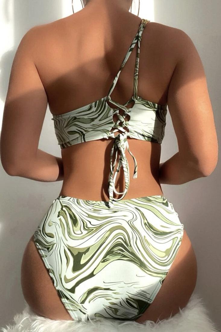 Green Printed One Shoulder Two Piece Swimsuit Areous