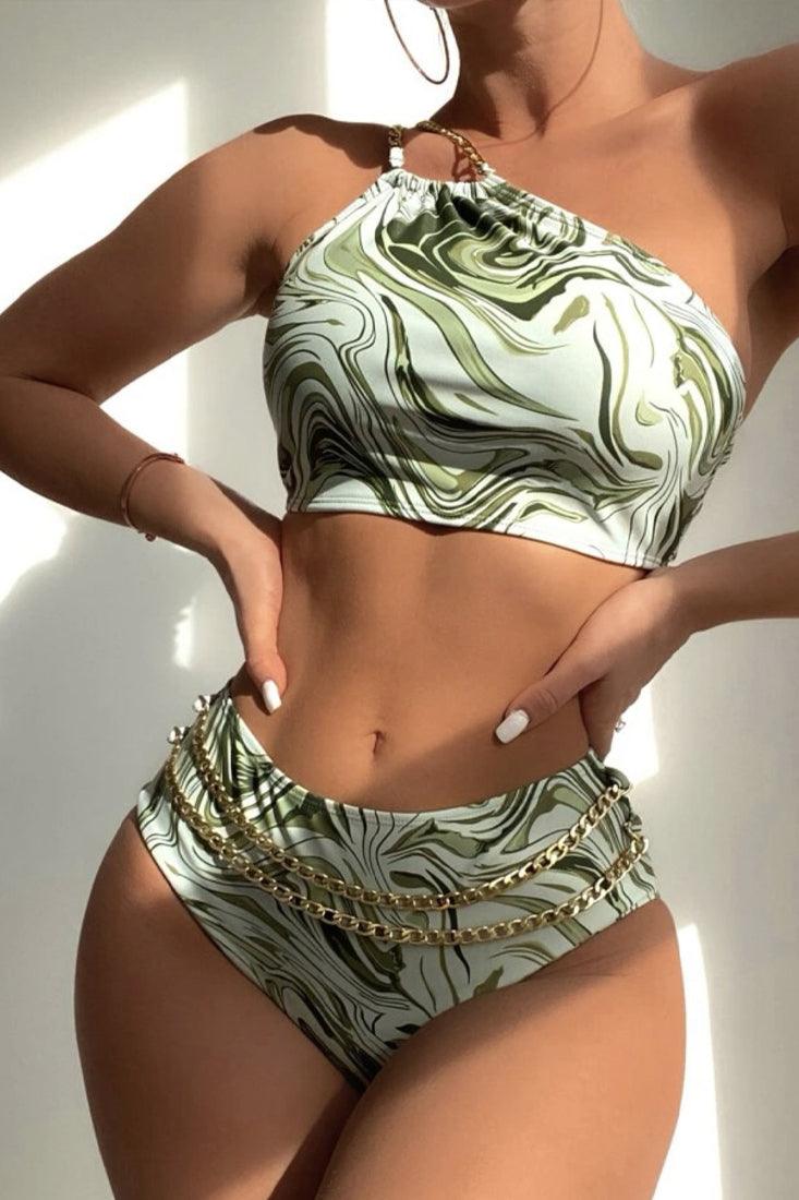 Green Printed One Shoulder Two Piece Swimsuit Areous