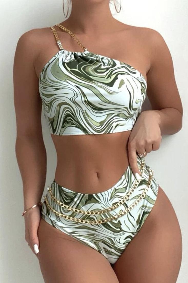 Green Printed One Shoulder Two Piece Swimsuit Areous