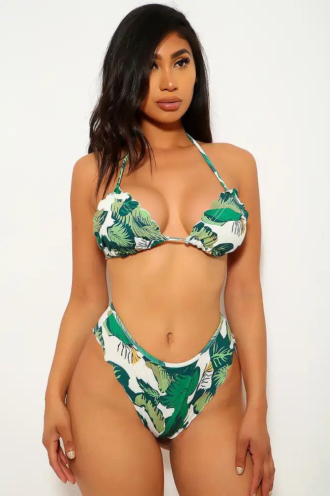 Green White Tropical Print Halter Two Piece Swimsuit Areous