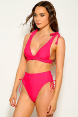 Hot Pink V-Cut Two Piece Swimsuit Areous