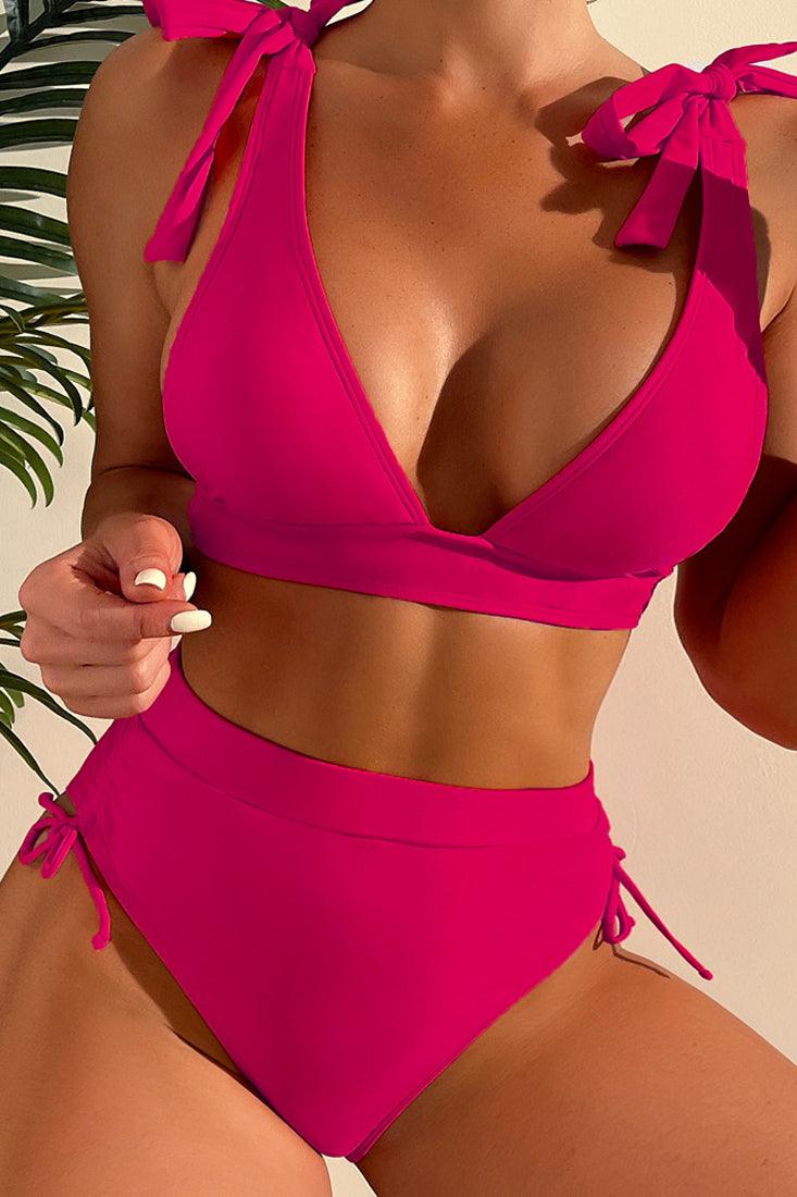 Hot Pink V-Cut Two Piece Swimsuit Areous