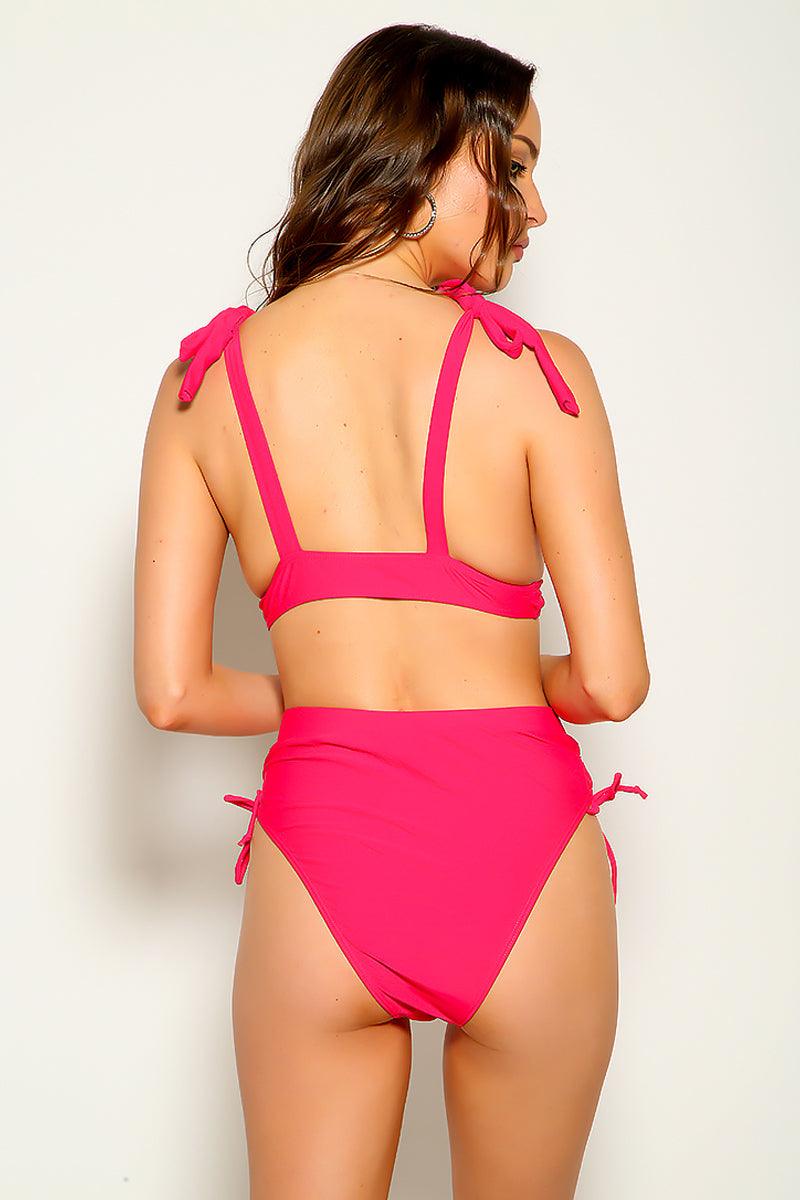 Hot Pink V-Cut Two Piece Swimsuit Areous