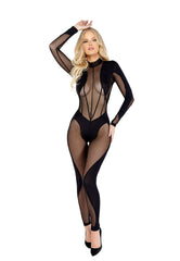 LI483 - Sheer Mesh Detailed Jumpsuit with Zipper Closure Areous