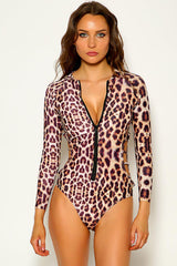 Leopard Print Long Sleeves Cut Out One Piece Swimsuit Areous